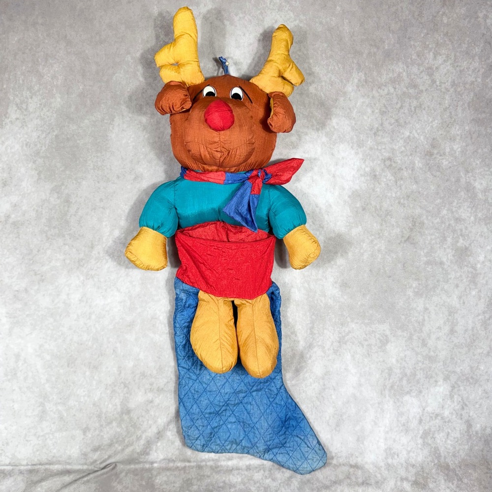 Vtg 1995 Four Star Reindeer Christmas Stocking 30" Blue Quilted Nylon Plush 3D